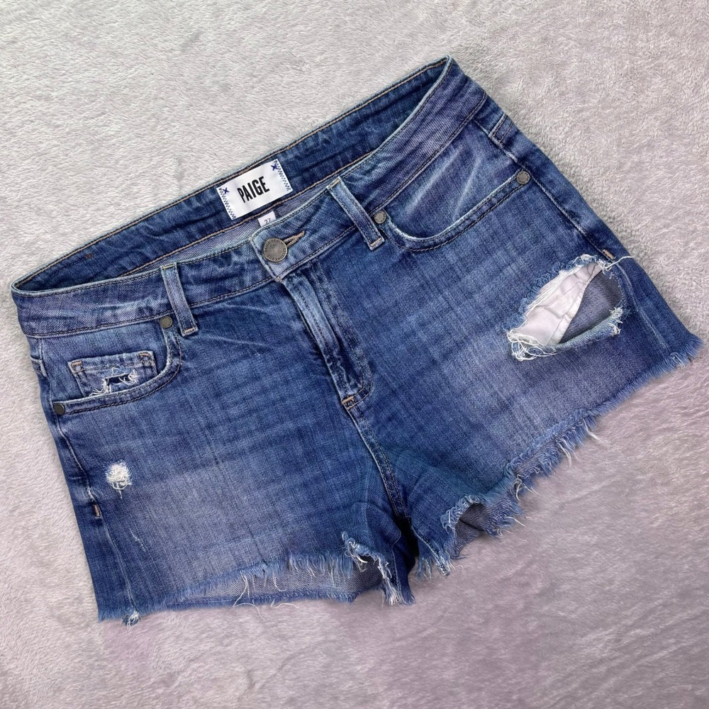 PAIGE Women Daryn Short 27 Blue Cortez Destructed Distressed‎ Raw Hem Denim